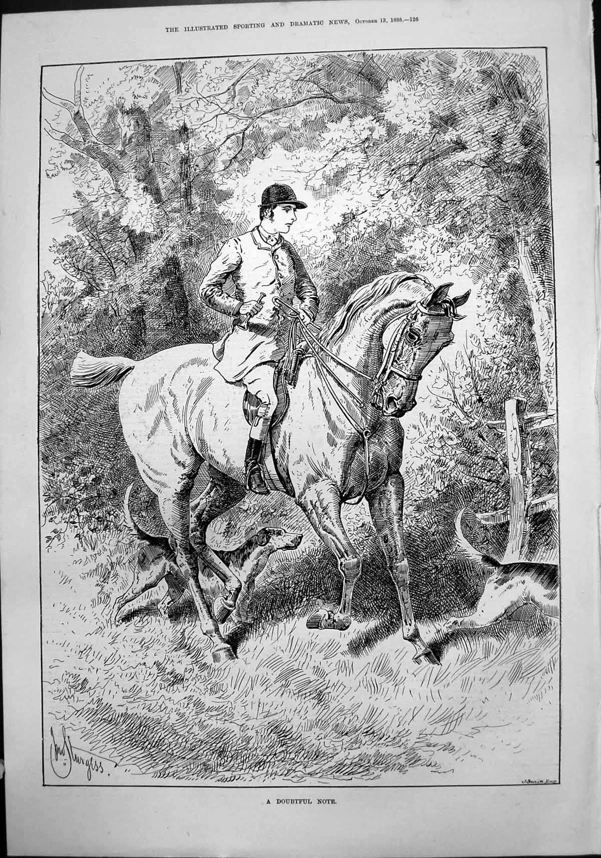 Original Old Antique Print Doubtful Note J Sturgess Horse Hesitating Fence 1888