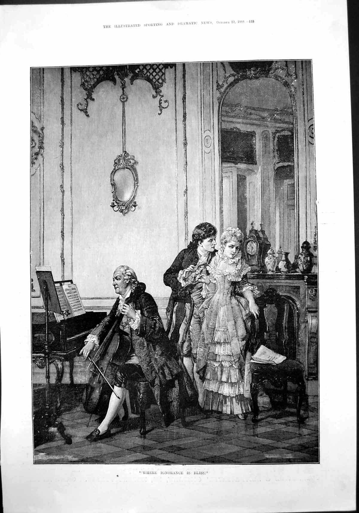 Antique Print Where Ignorance Is Bliss Young Couple Man Playing Cello 1888 19th