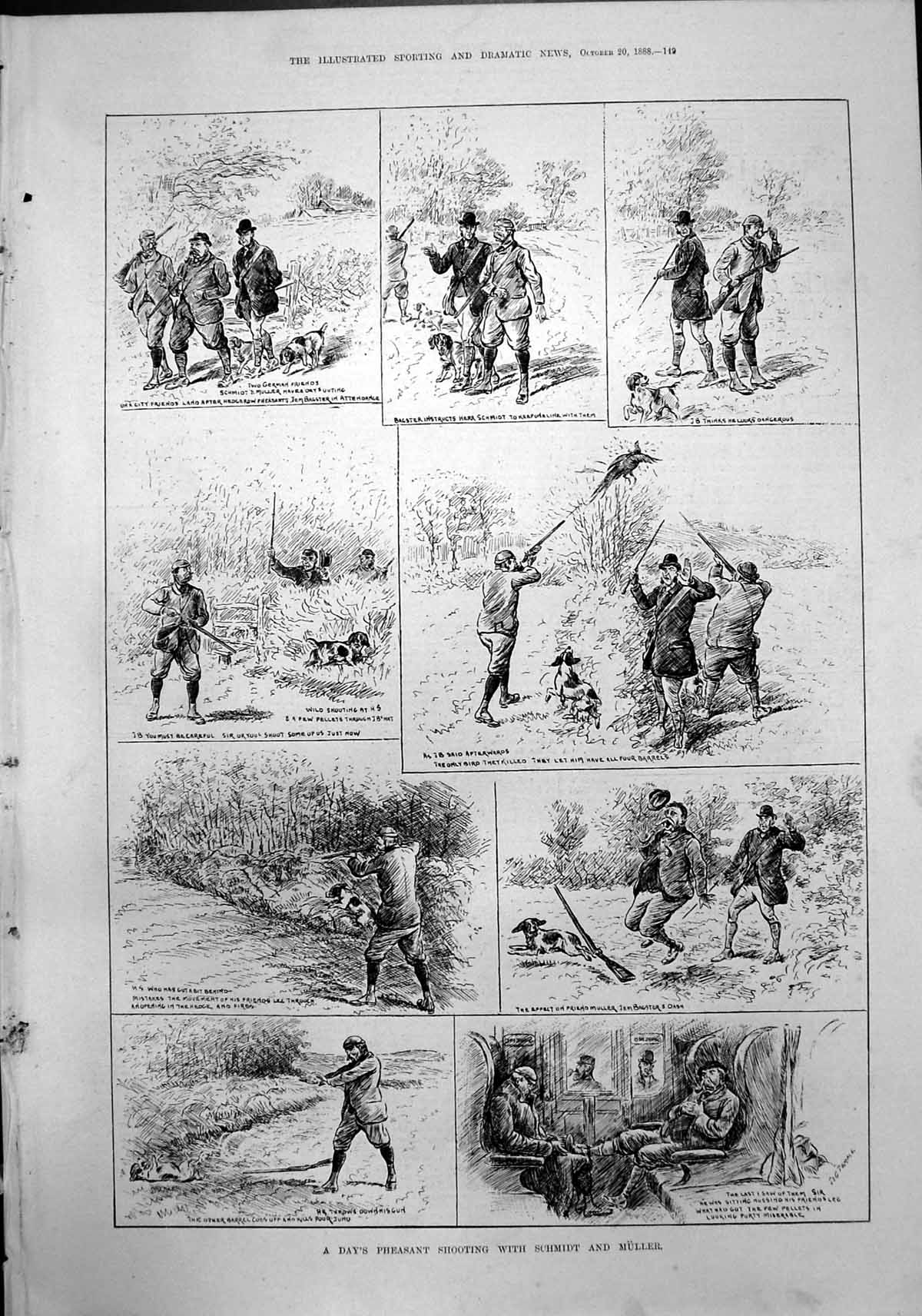 Original Old Antique Print Days Pheasant Shooting With Schmidt Muller 1888 19th