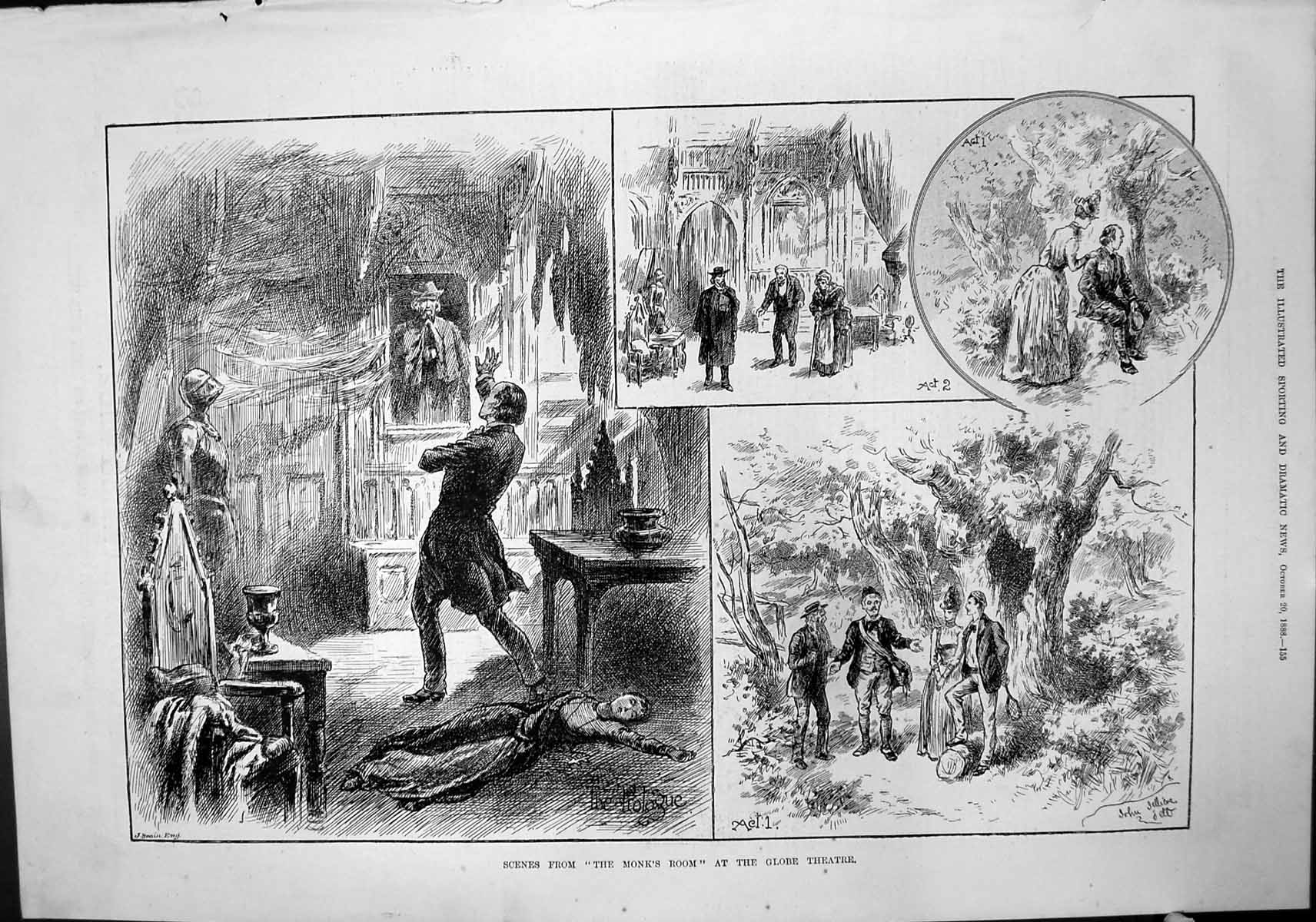 Old Antique Print Scenes From Monks Room Globe Theatre John Jellicoe 1888 19th