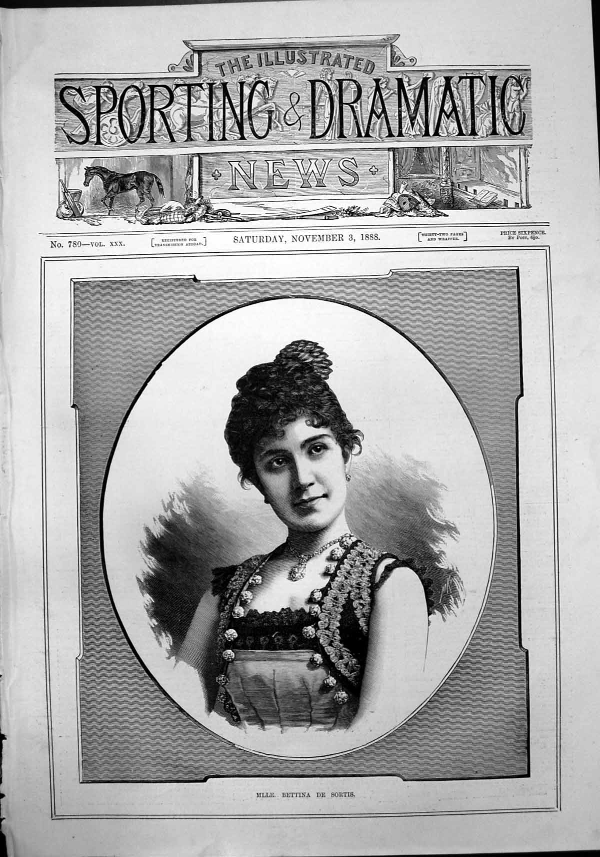 Original Old Antique Print Miss Bettina De Sortis 1888 19th Century