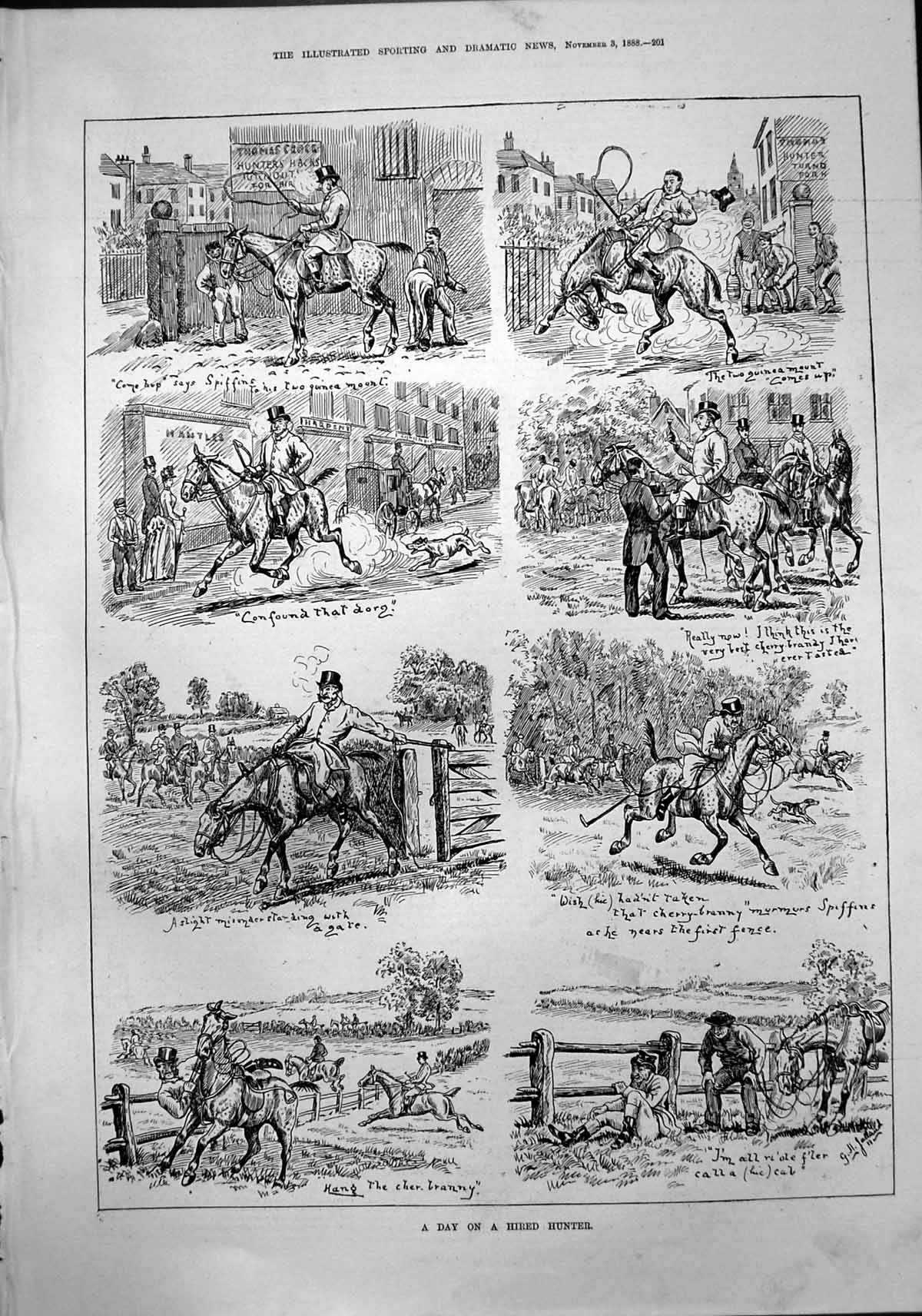 Original Old Antique Print Day Hired Hunter Two Guinea Mount Cherry Brandy 1888