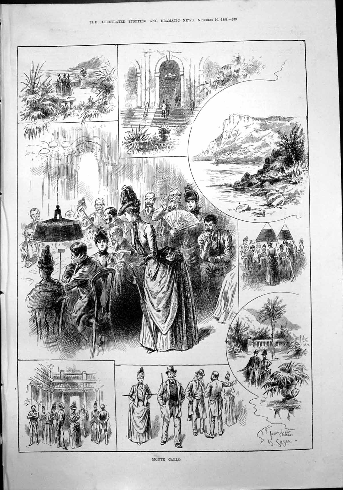 Old Print Monte Carlo Looking Out Sea Cliffs Casino Palm Trees Park 1888 19th