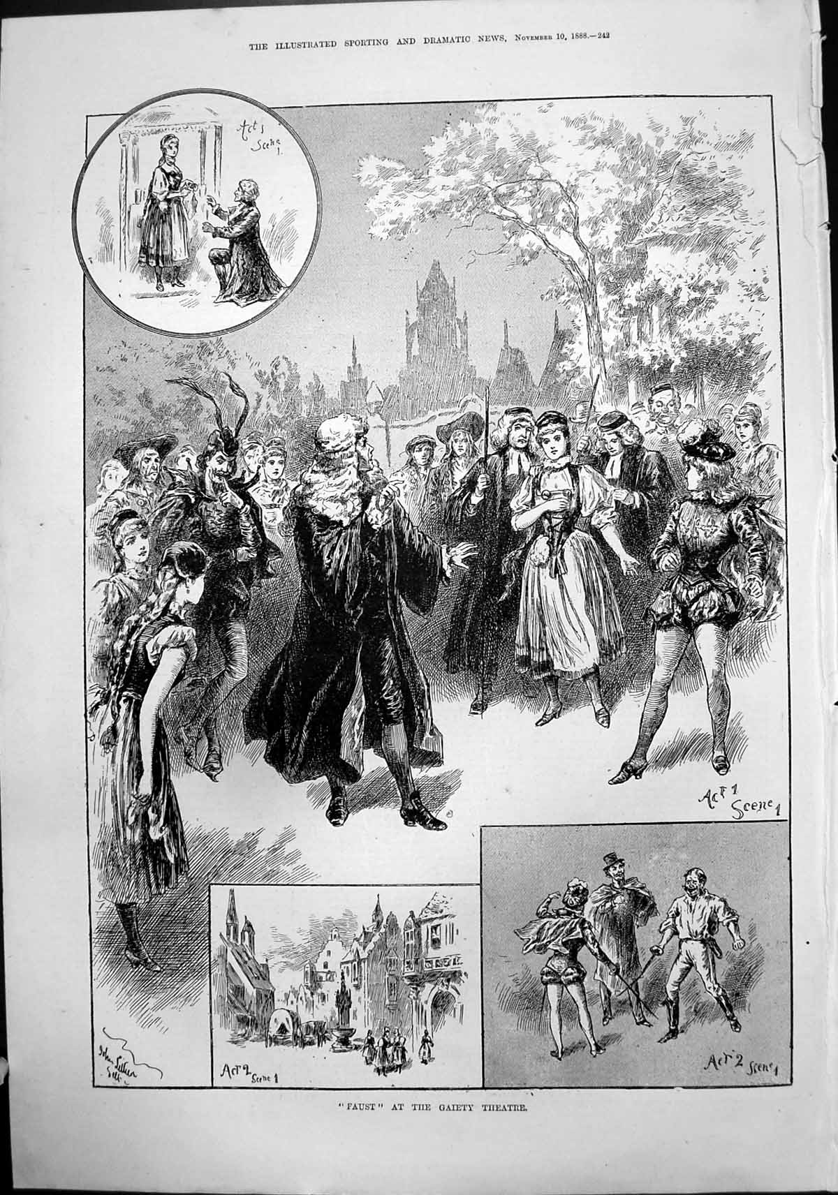Original Old Antique Print Faust Gaiety Theatre Couple Swords Scene Town 1888