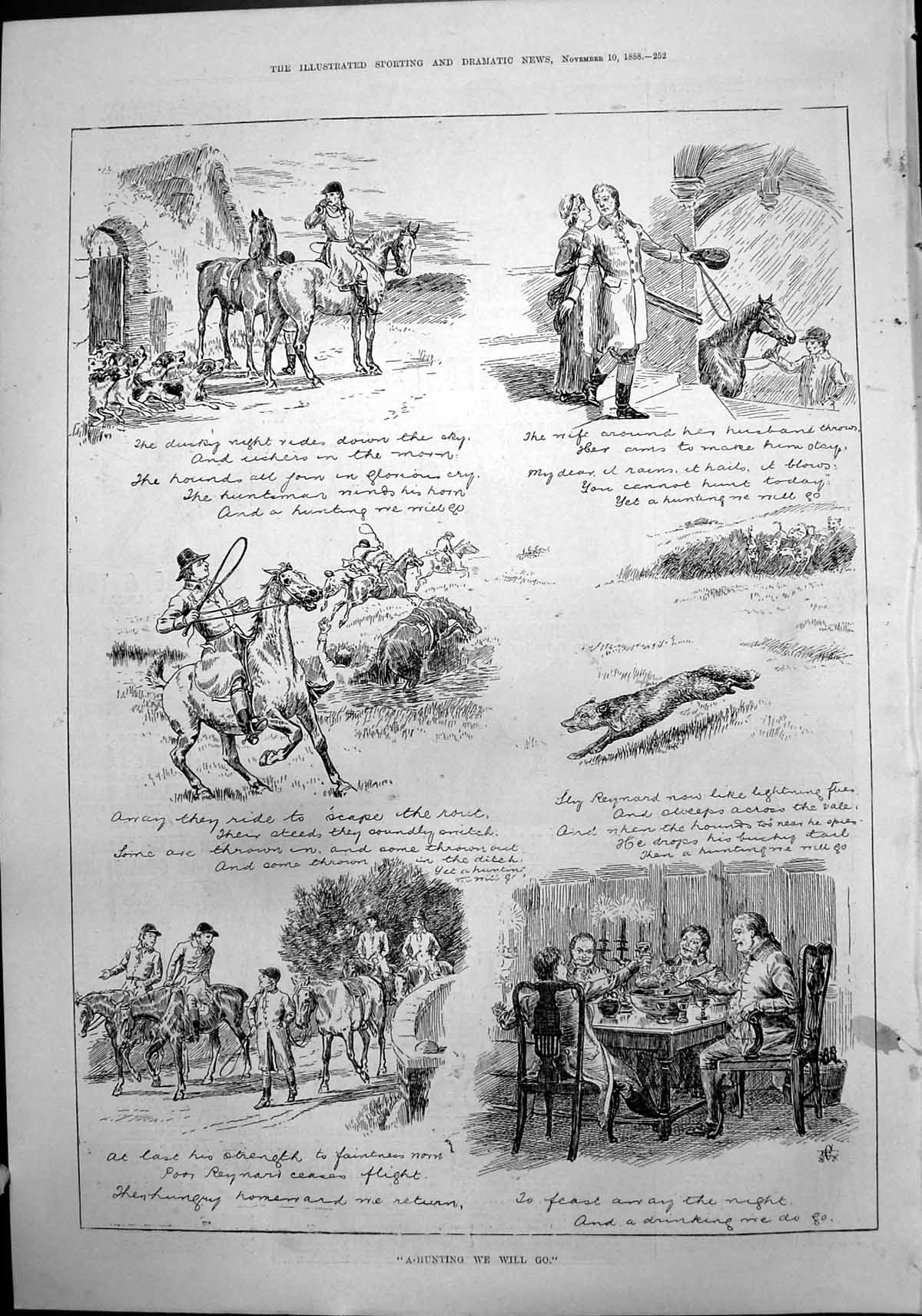 Old A Hunting We Will Go Horses Hounds Reynard Fox Feast Drinking 188 Victorian