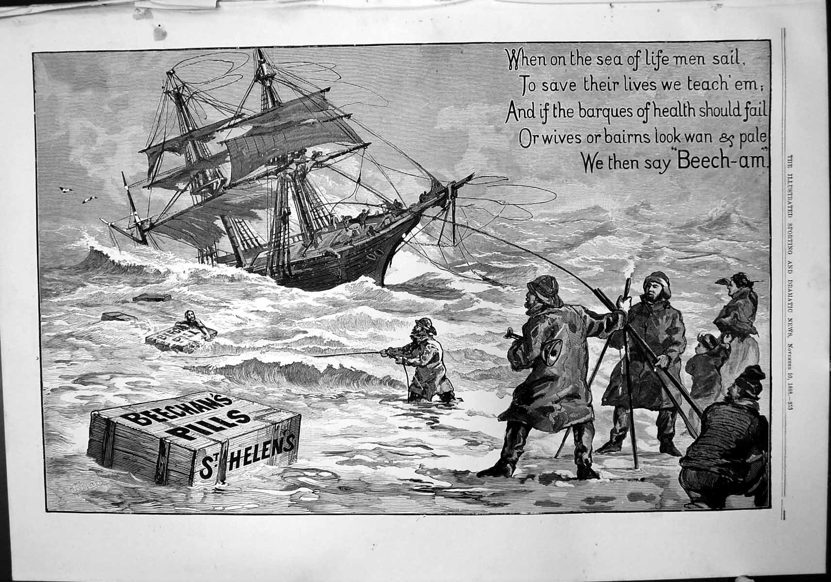 Old Print Beechams Pills St Helens Sea Life Sail Health Should Fail 1888 19th