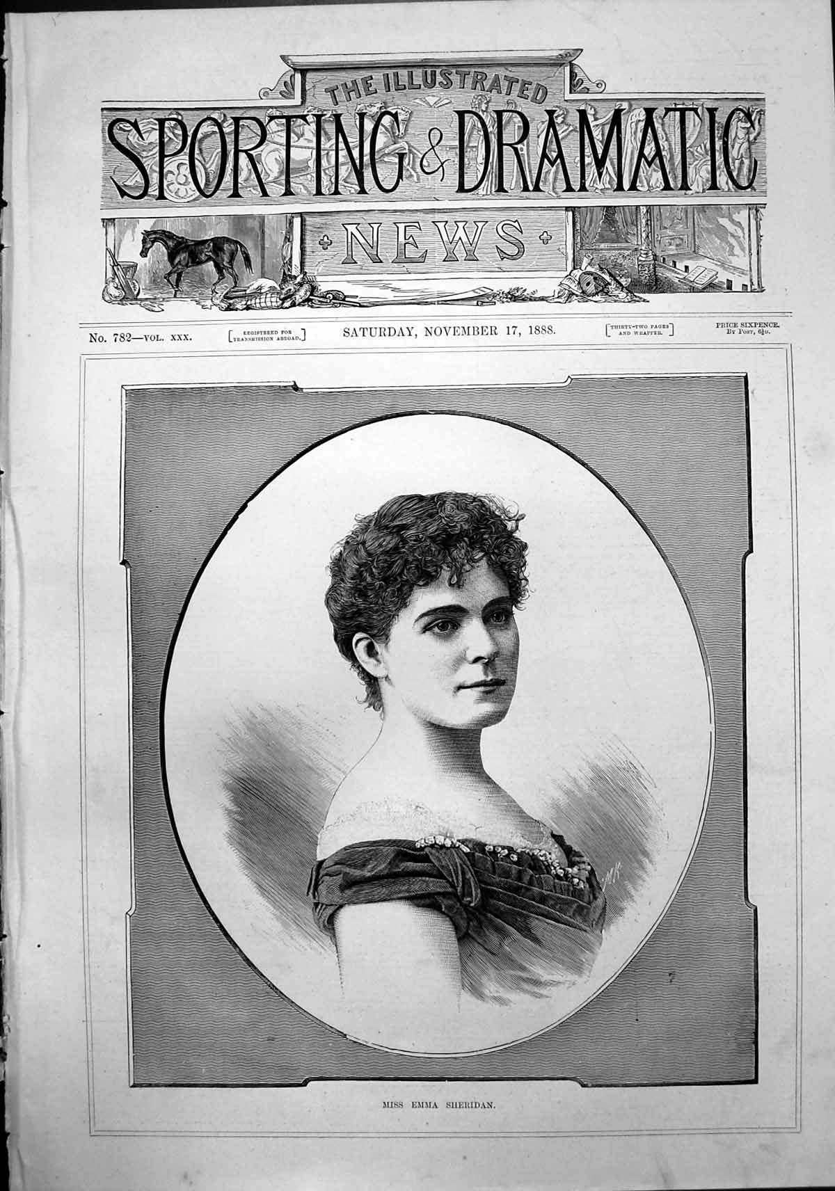 Original Old Antique Print Portrait Miss Emma Sheridan 1888 19th