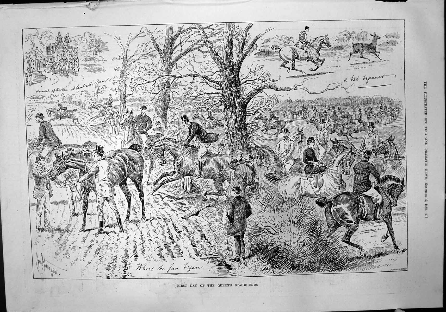 Antique Old Print First Day Queens Staghounds J Sturgess Arrival Farm 1888 19th