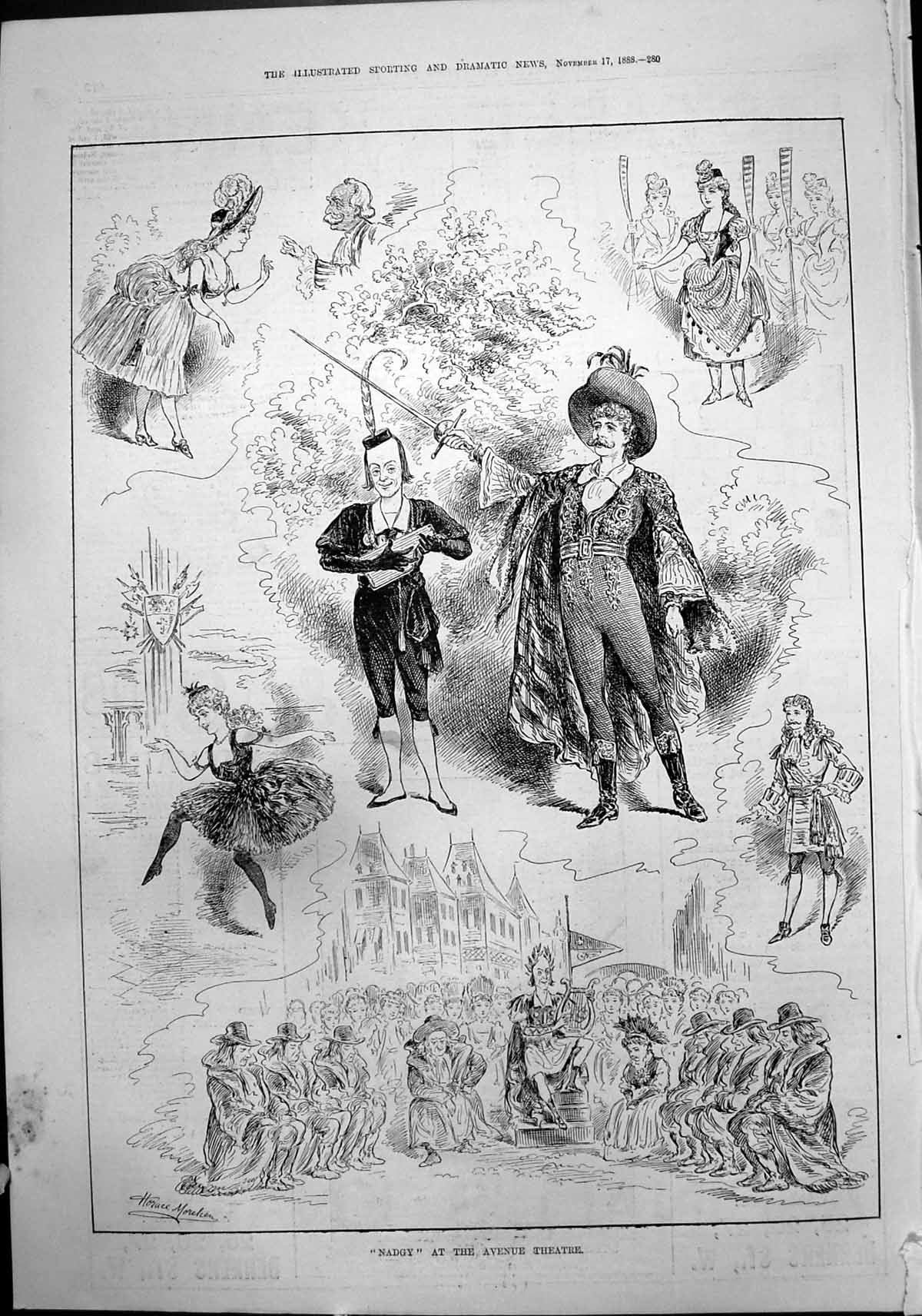 Antique Print Nadgy Avenue Theatre Horace Morehen Playing Harp Dancer 1888 19th