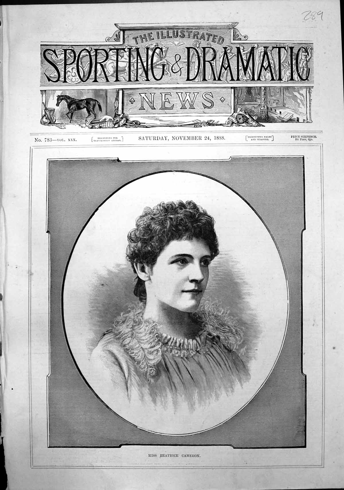 Original Old Antique Print Miss Beatrice Cameron 1888 19th Century