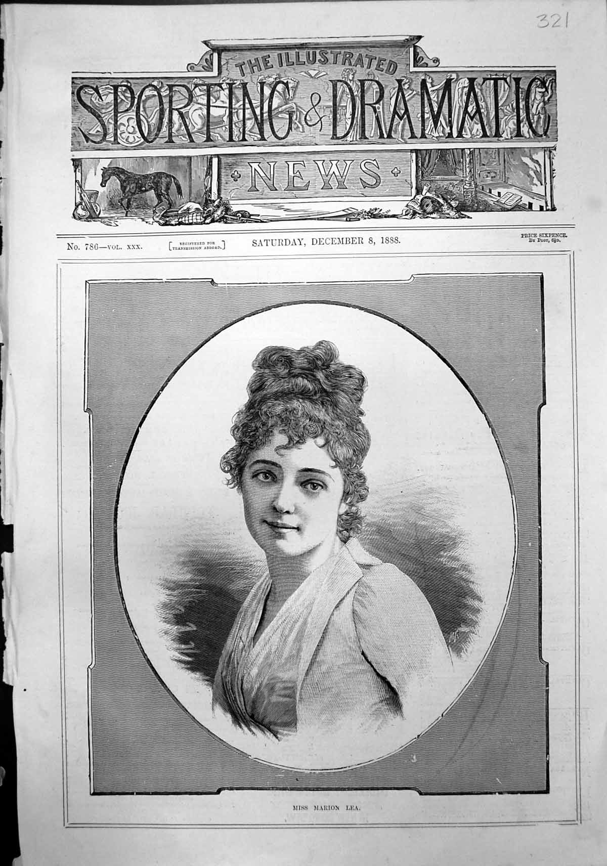 Original Old Antique Print Portrait Miss Marion Lea 1888 19th Century