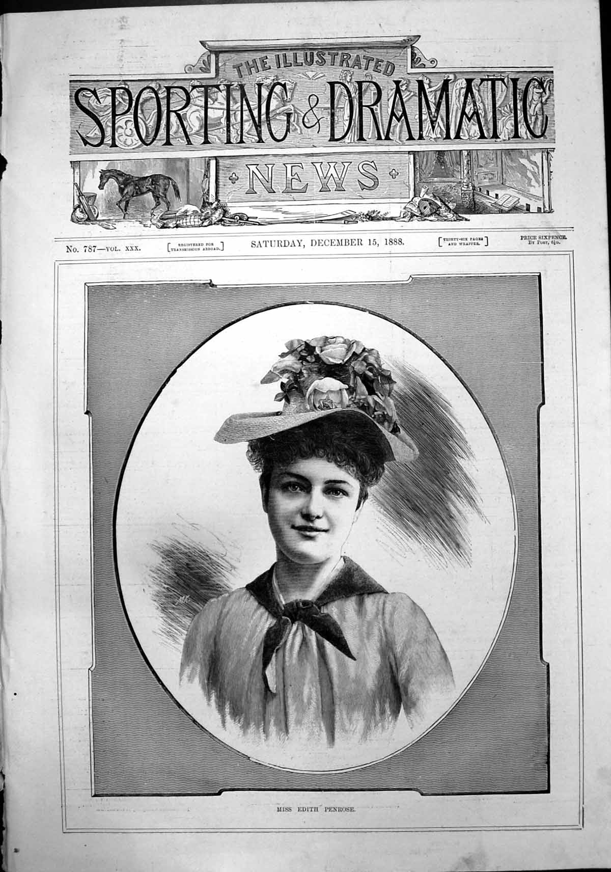 Original Old Antique Print Portrait Miss Edith Penrose 1888 19th