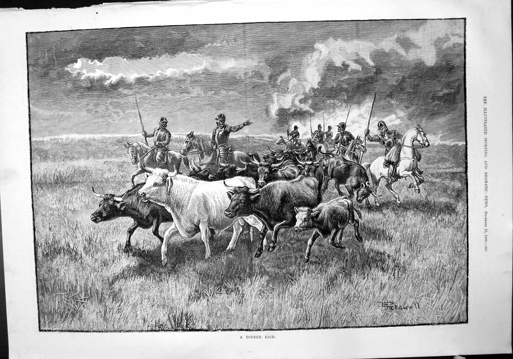 Antique Print Border Raid Caldwell Siers Horseback Rounding Up Cattle 1888 19th
