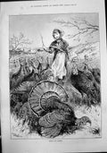 Antique Print Ready For Market A Elives Girl Stick Countryside Turkeys 1888