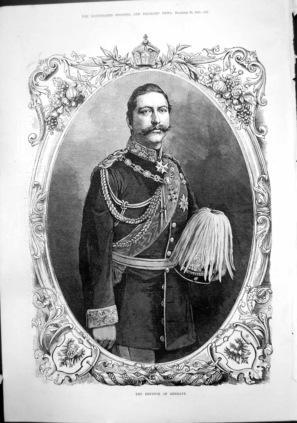 Original Old Antique Print Portrait Emperor Germany Uniform 1888 19th