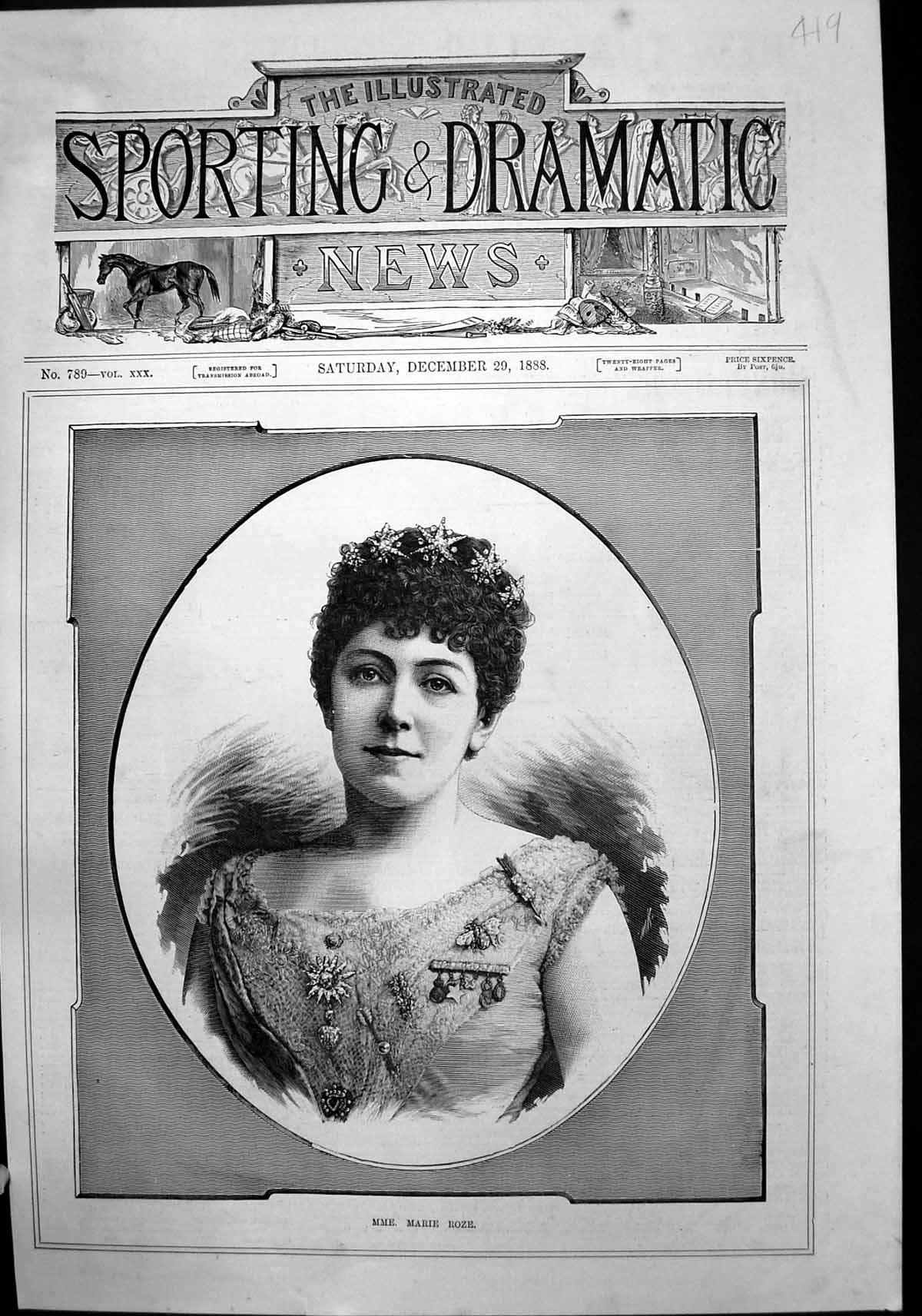 Original Old Antique Print Portrait Mme Marie Roze 1888 19th Century