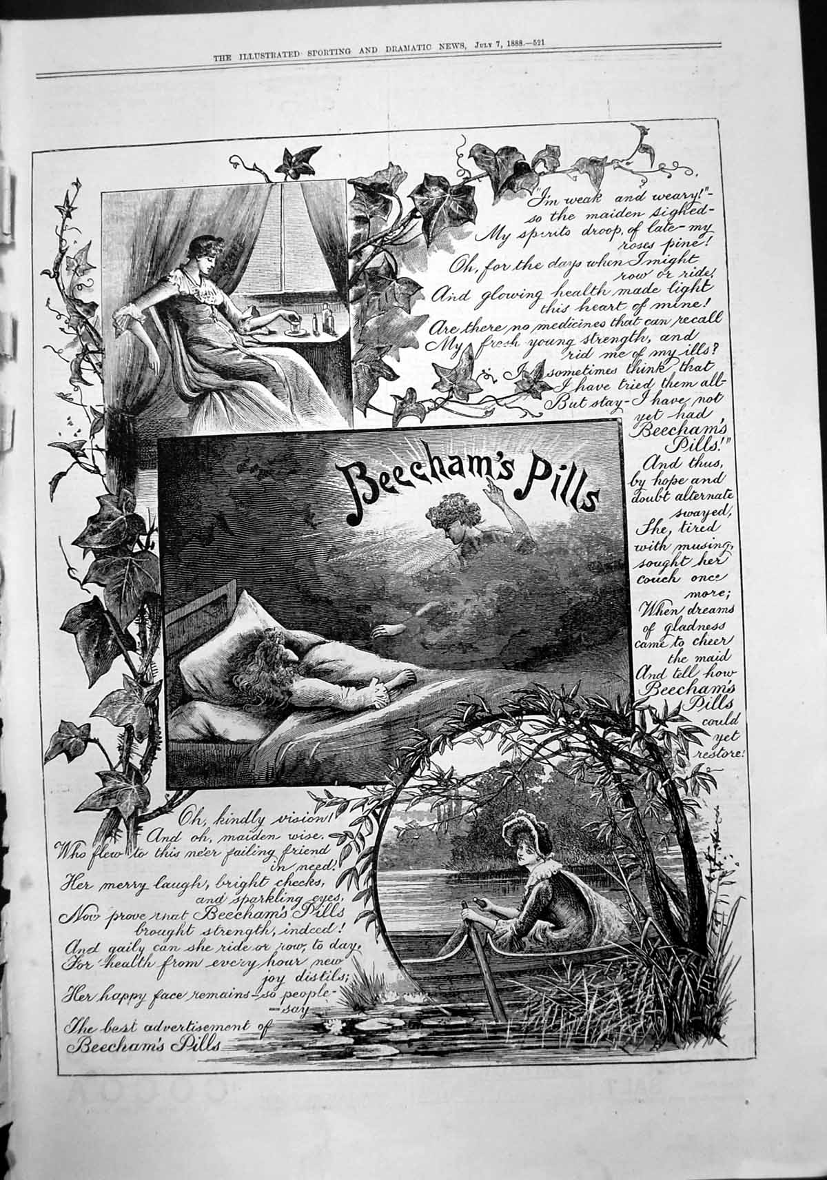 Antique Print Beechams Pills Sick Maiden Lying Bed Vision Back Health 1888 19th