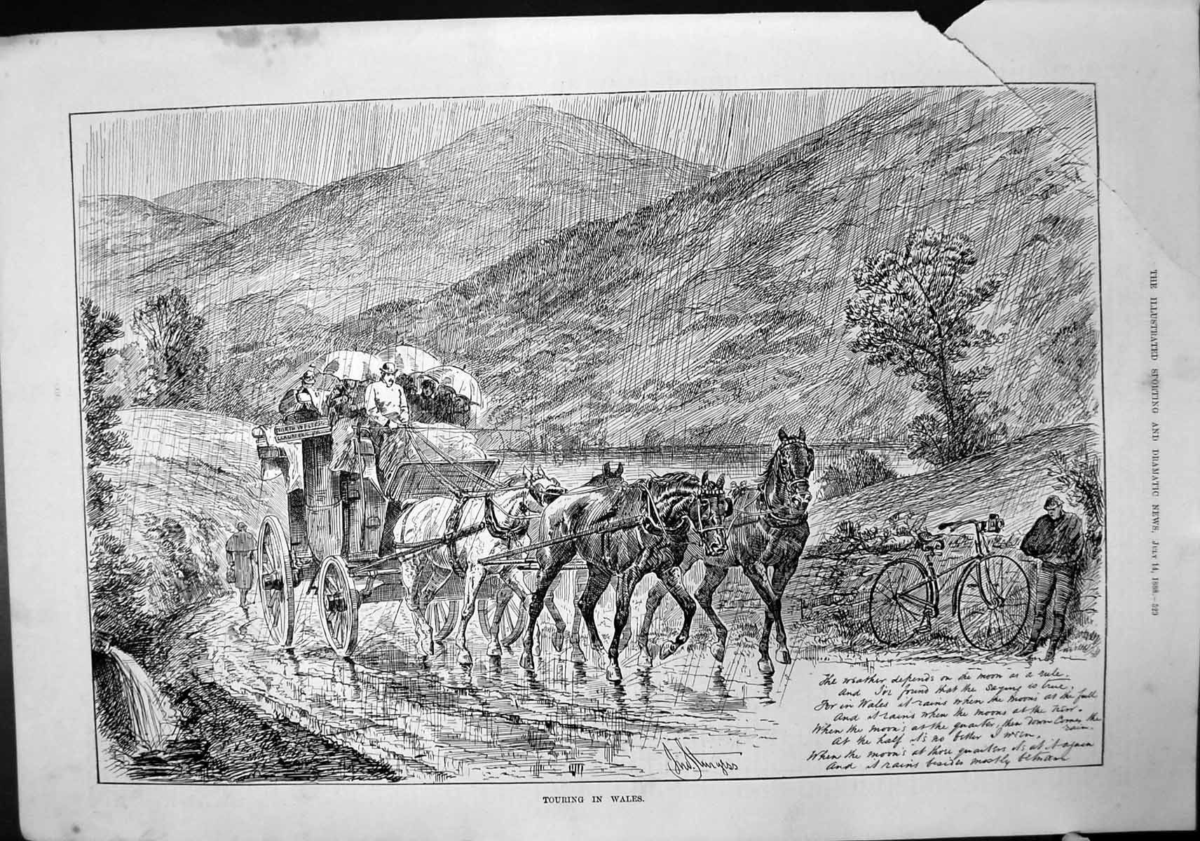 Old Print Touring Wales J Sturgess Horses Pulling Coach Pouring Rain 1888 19th