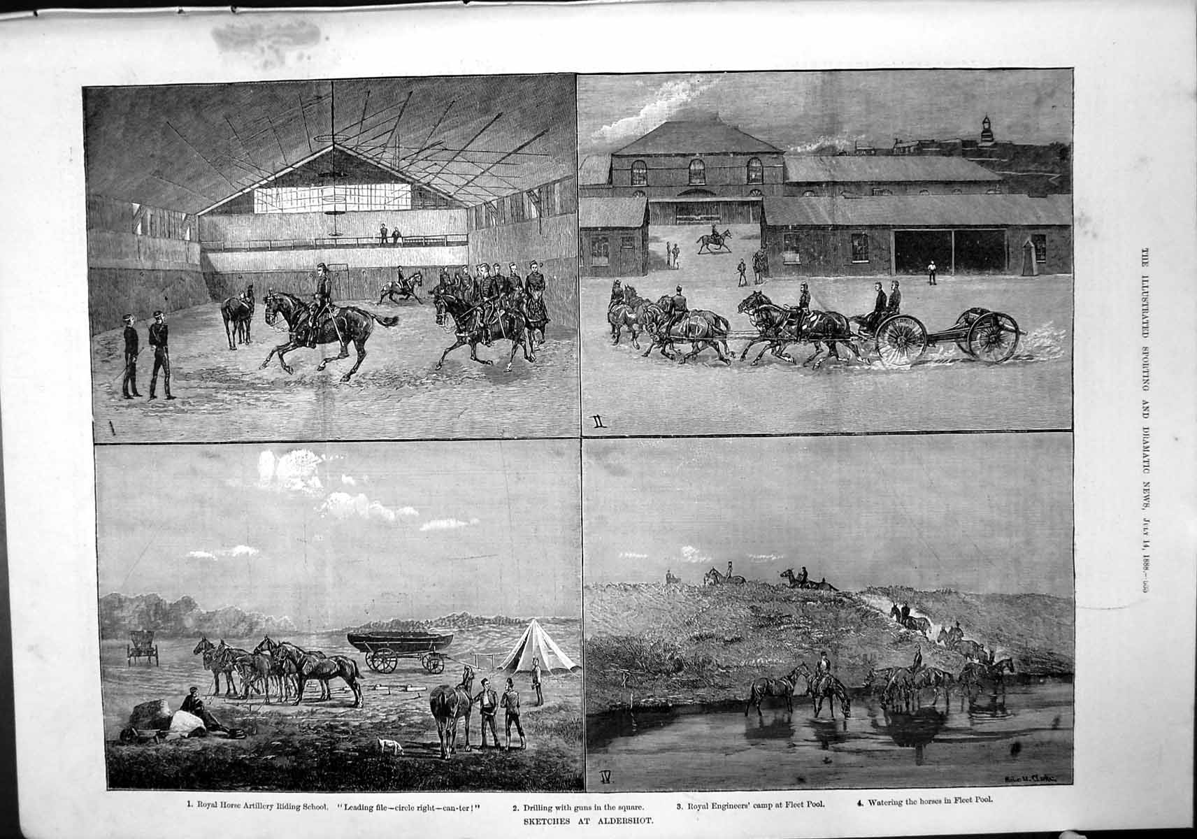 Antique Print Sketches Aldershot Artillery Riding School Drilling Guns 1888
