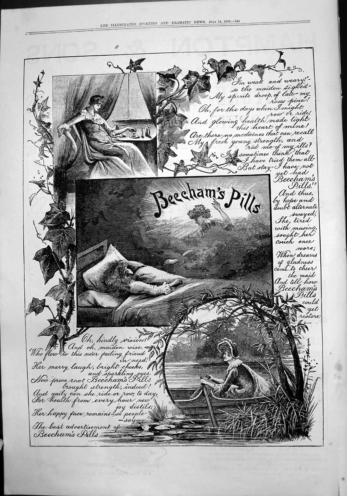 Old Print Maiden Sick Bed Vision Restored Health Beechams Pills Boat 1888 19th