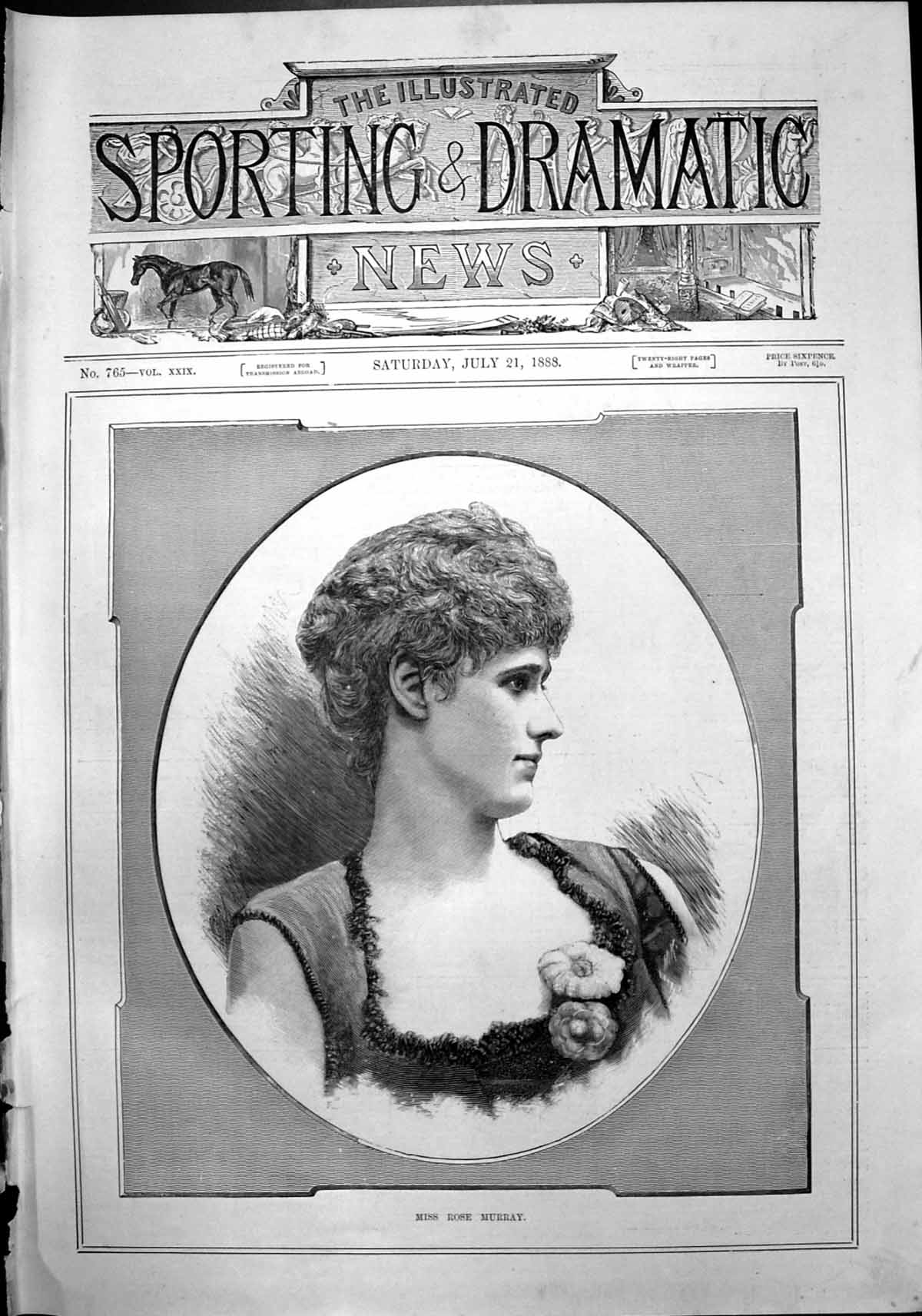 Original Old Antique Print Portrait Miss Rose Murray 1888 19th