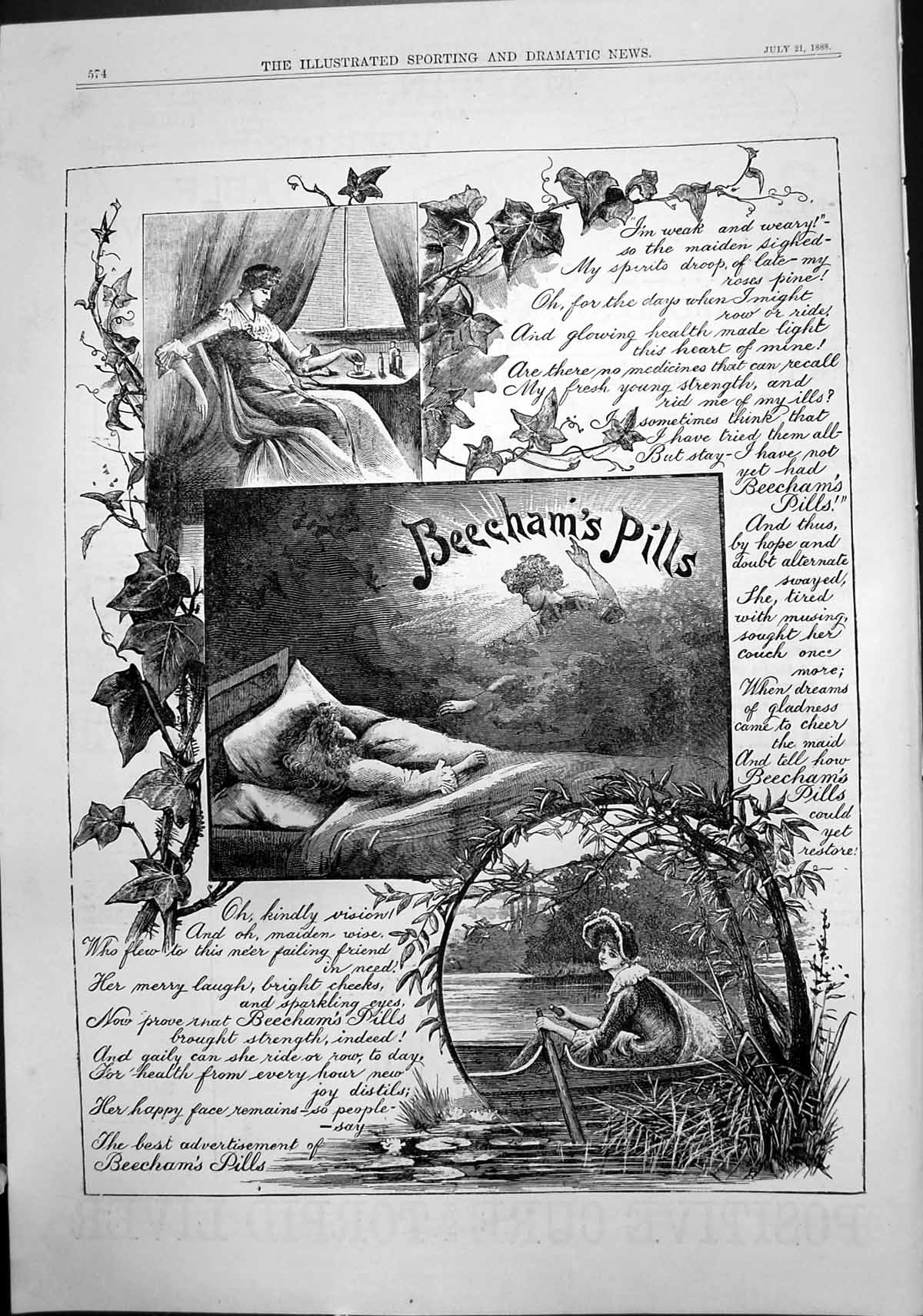 Antique Old Print Beechams Pills Advert Woman Weak Weary Restored Health 1888