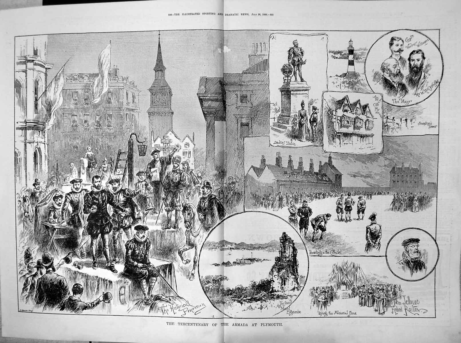 Antique Old Print Tercentenary Armada Plymouth Procession Drakes Statue 1888