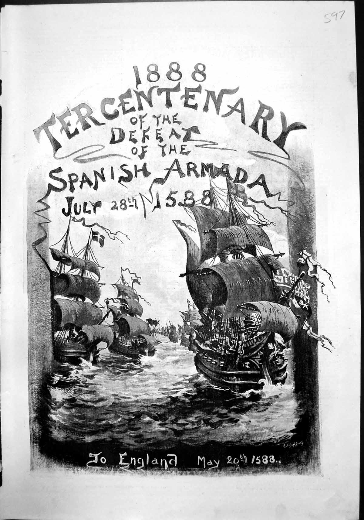 Antique Print Tercentenary Spanish Armada 1588 Humphrey Bolins Account 1888