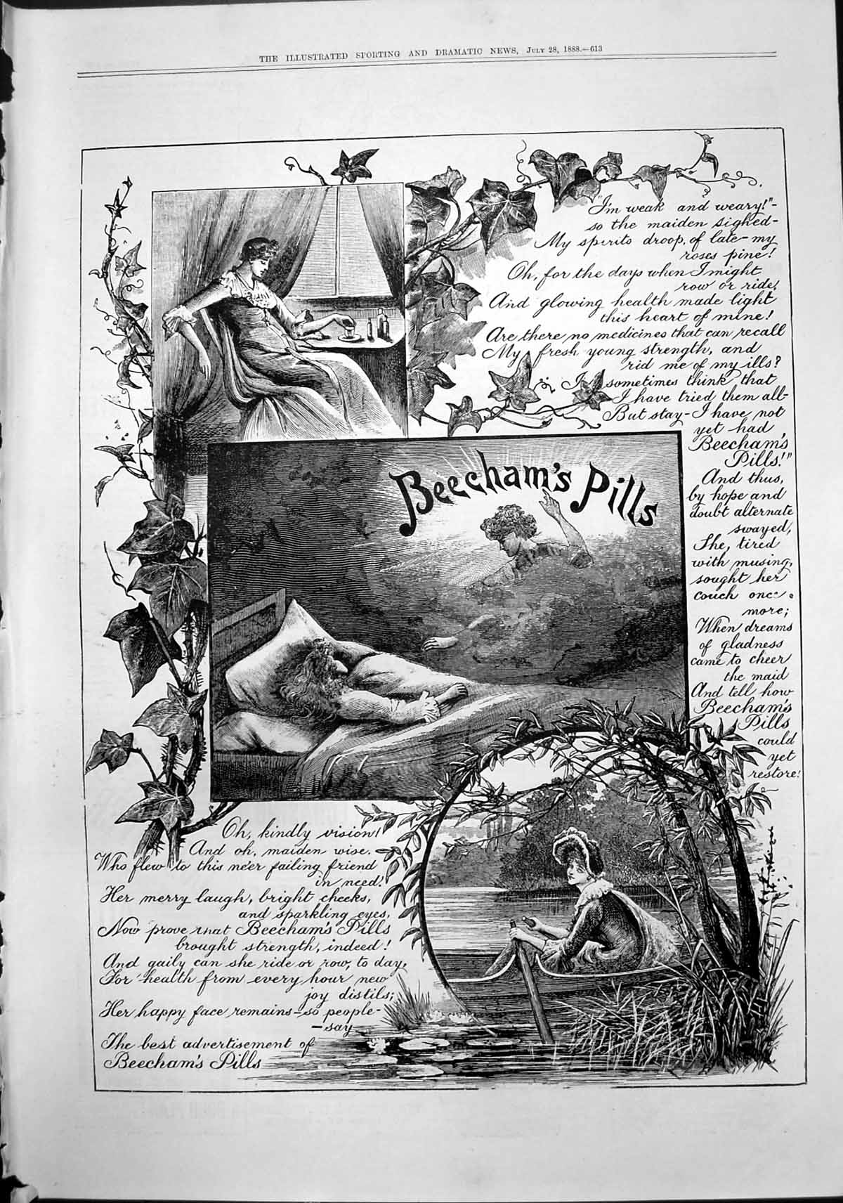 Antique Old Print Beechams Pills Restores Health Maiden Ill Bed Vision 1888