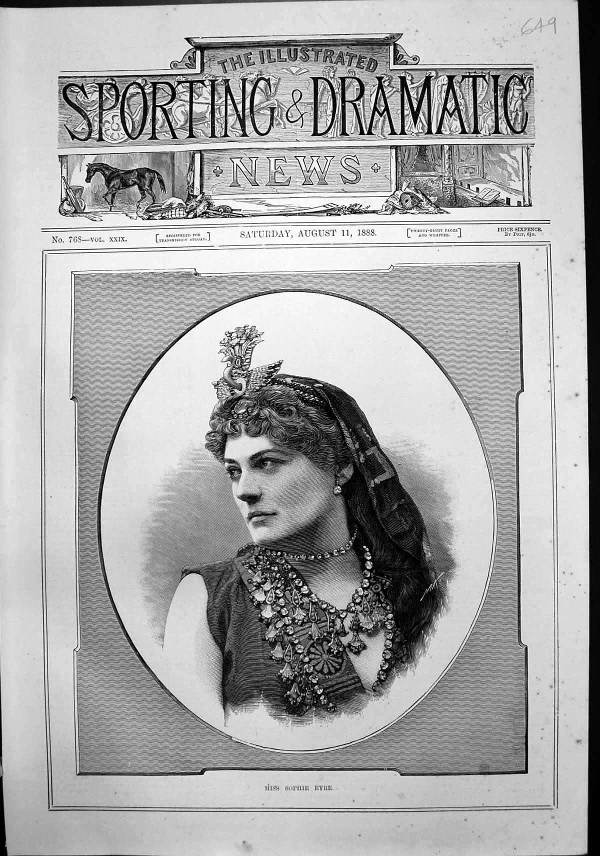 Original Old Antique Print Miss Sophie Eyre 1888 19th Century