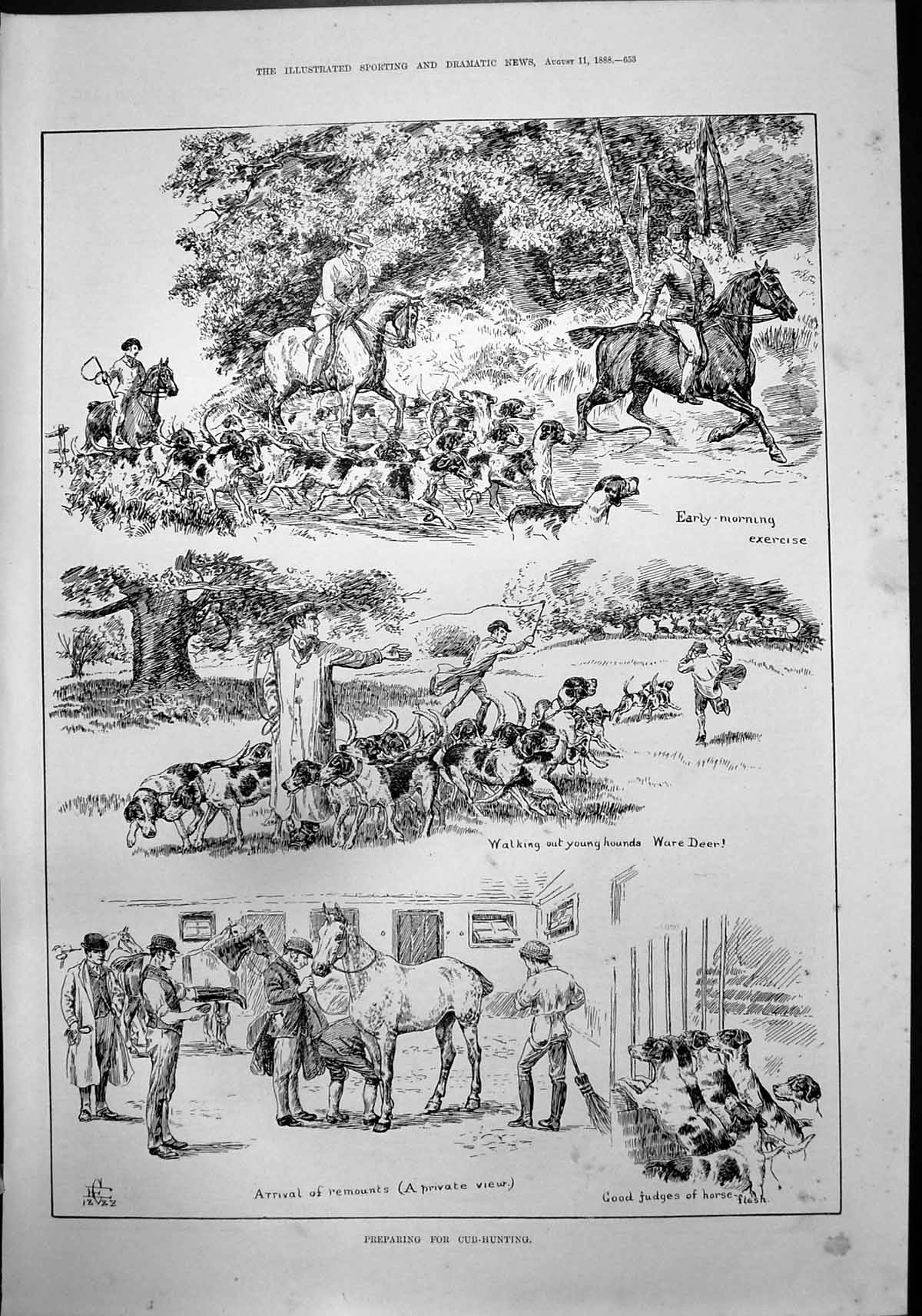 Old Print Preparing Cub-Hunting Early Morning Exercise Young Hounds 1888 19th