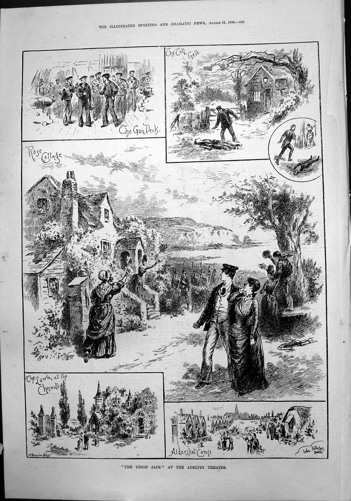 Old Print Union Jack Adelphi Gun Deck Lawn Chestnuts Aldershot Camp 1888 19th