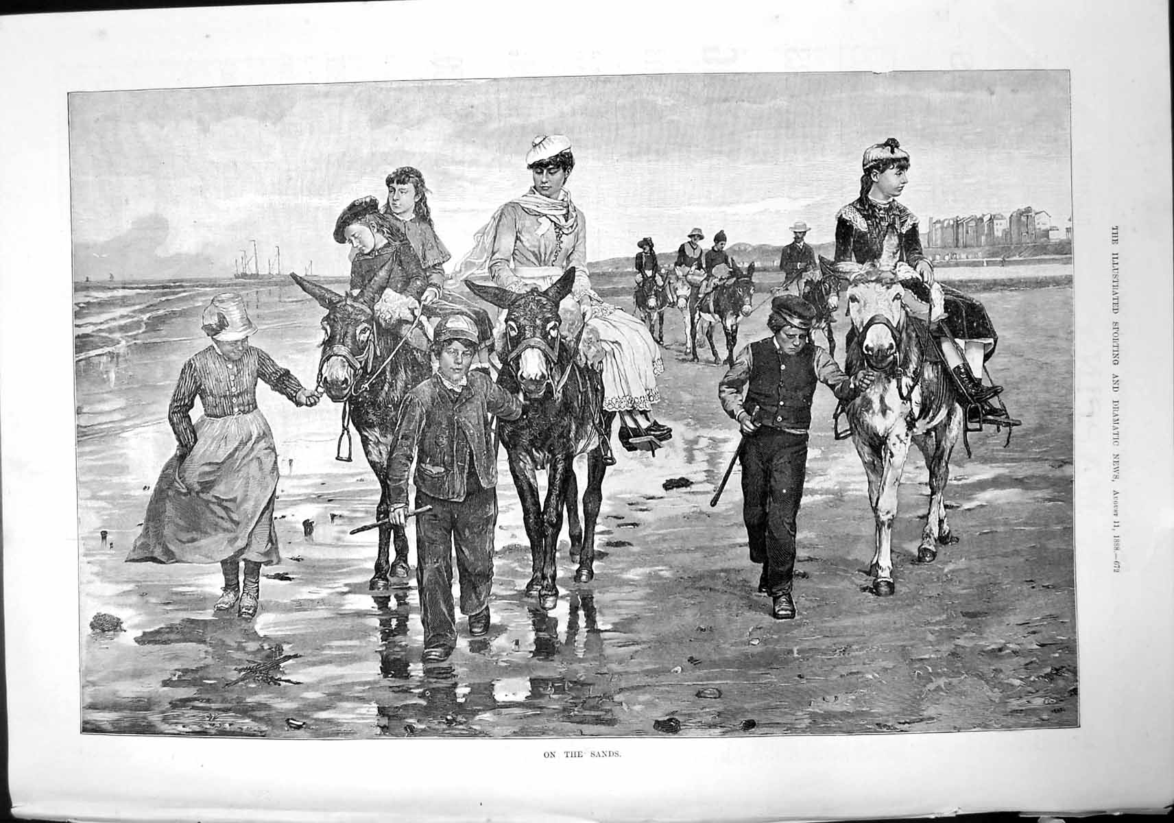Antique Old Print On Sands Women Children Riding Donkeys Lead By Helpers 1888