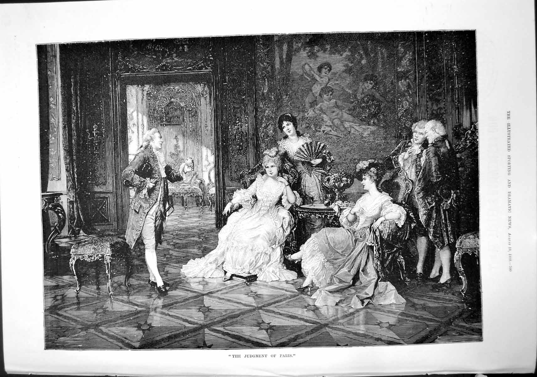 Original Old Antique Print Judgment Paris Ladies Fan Table Admired Men 1888