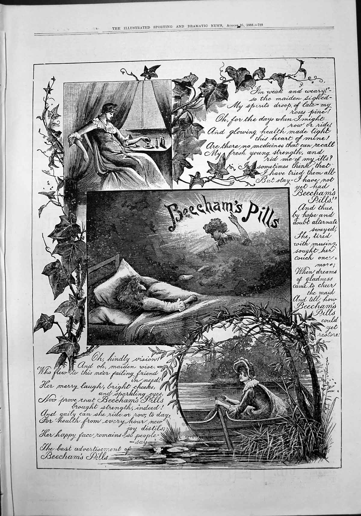 Old Antique Print Beechams Pills Brought Strength Weak Weary Maiden 1888 19th