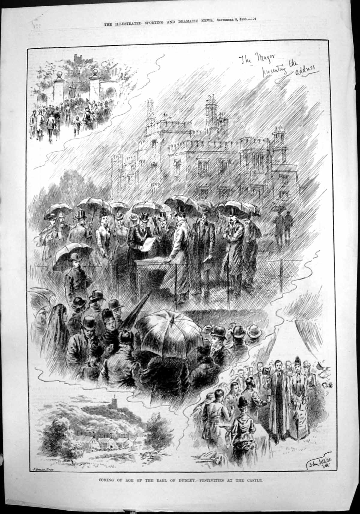 Antique Old Print Coming Age Earl Dudley Festivities Castle Market Place 1888