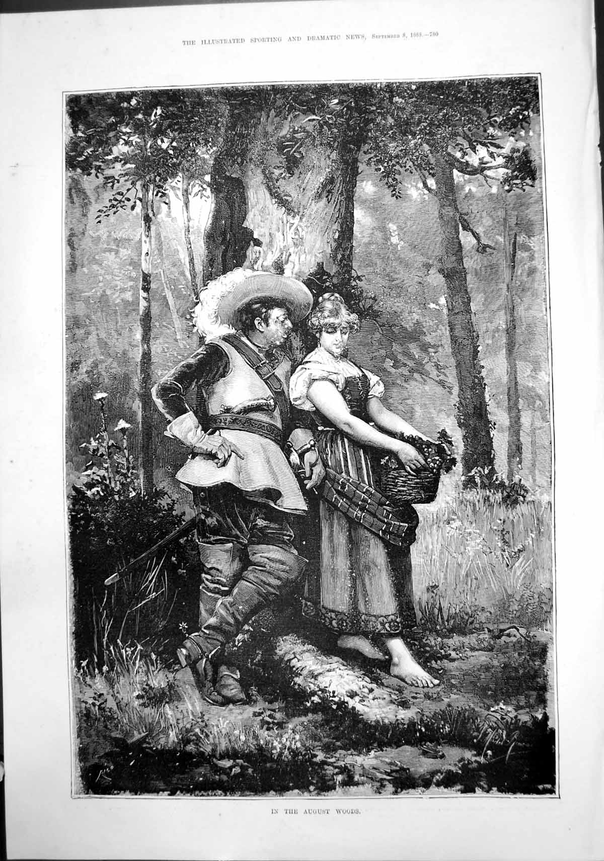 Old Print In August Woods Young Woman Gathering Berries Sier Admirer1888 19th