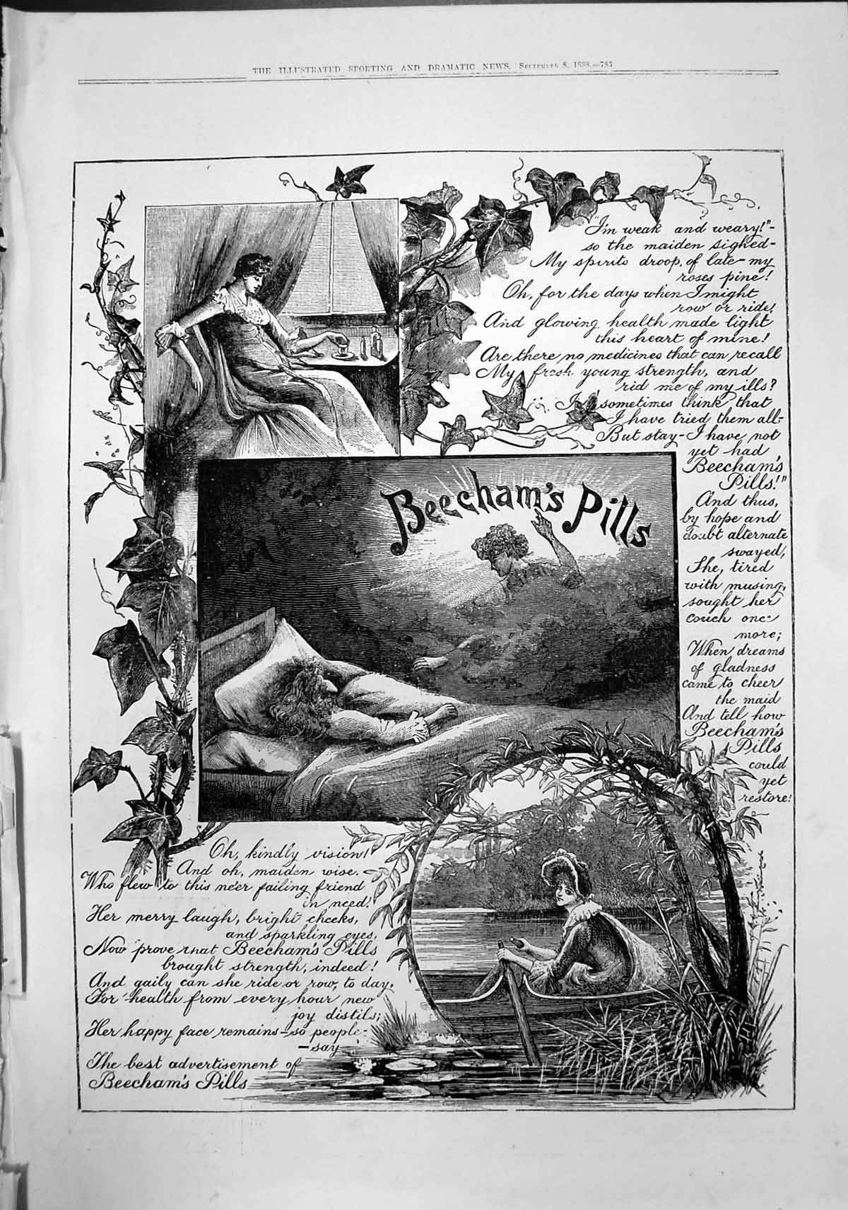 Old Antique Print Rhyme About Maiden Restored Health Beechams Pills 1888 19th