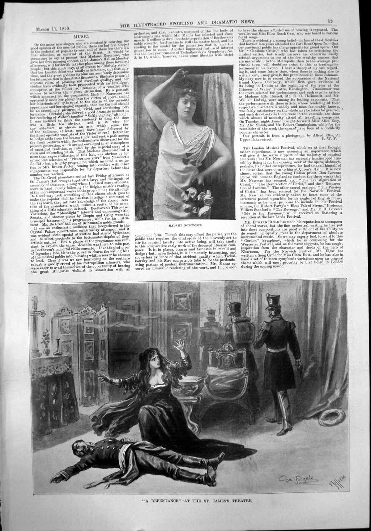 Old Print Madame Norcosse Repentance St James Theatre Down Open Mine 1899 19th