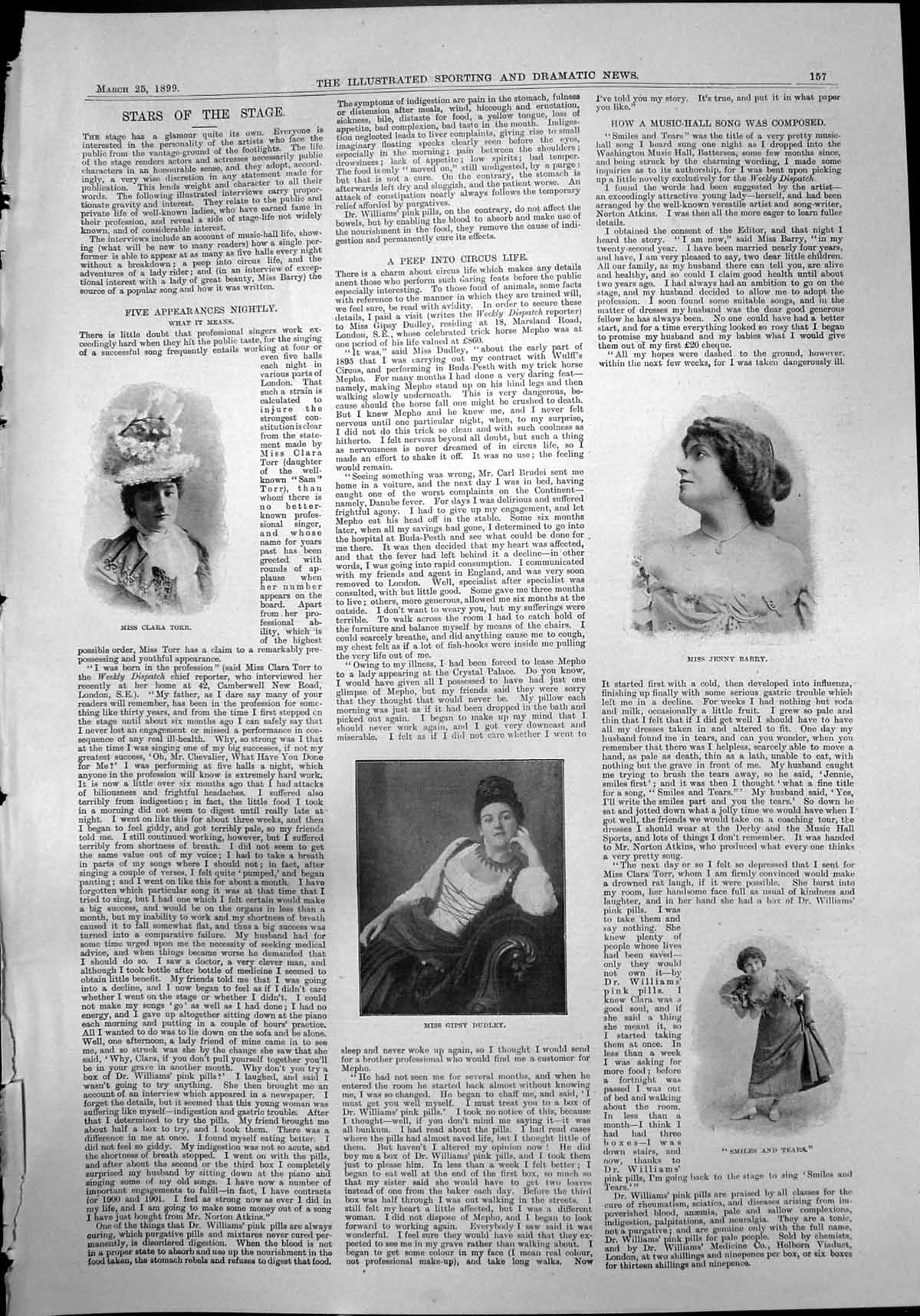 Old Stars Stage Claria Torr Jenny Barry Gipsy Dudley Smiles Tears 1899 19th