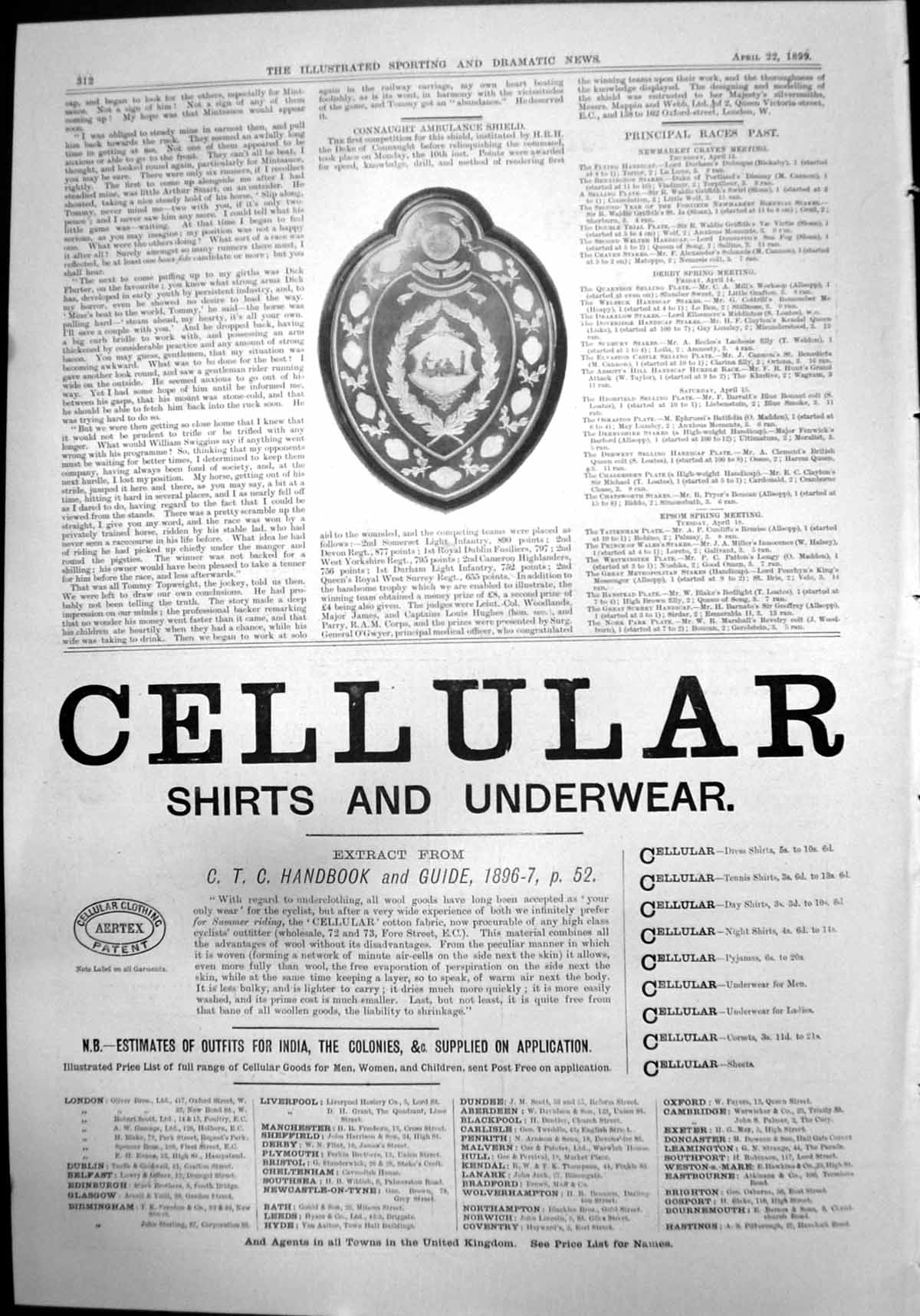 Antique Old Print Connaught Ambulance Shield Cellular Shirts Underwear 1899