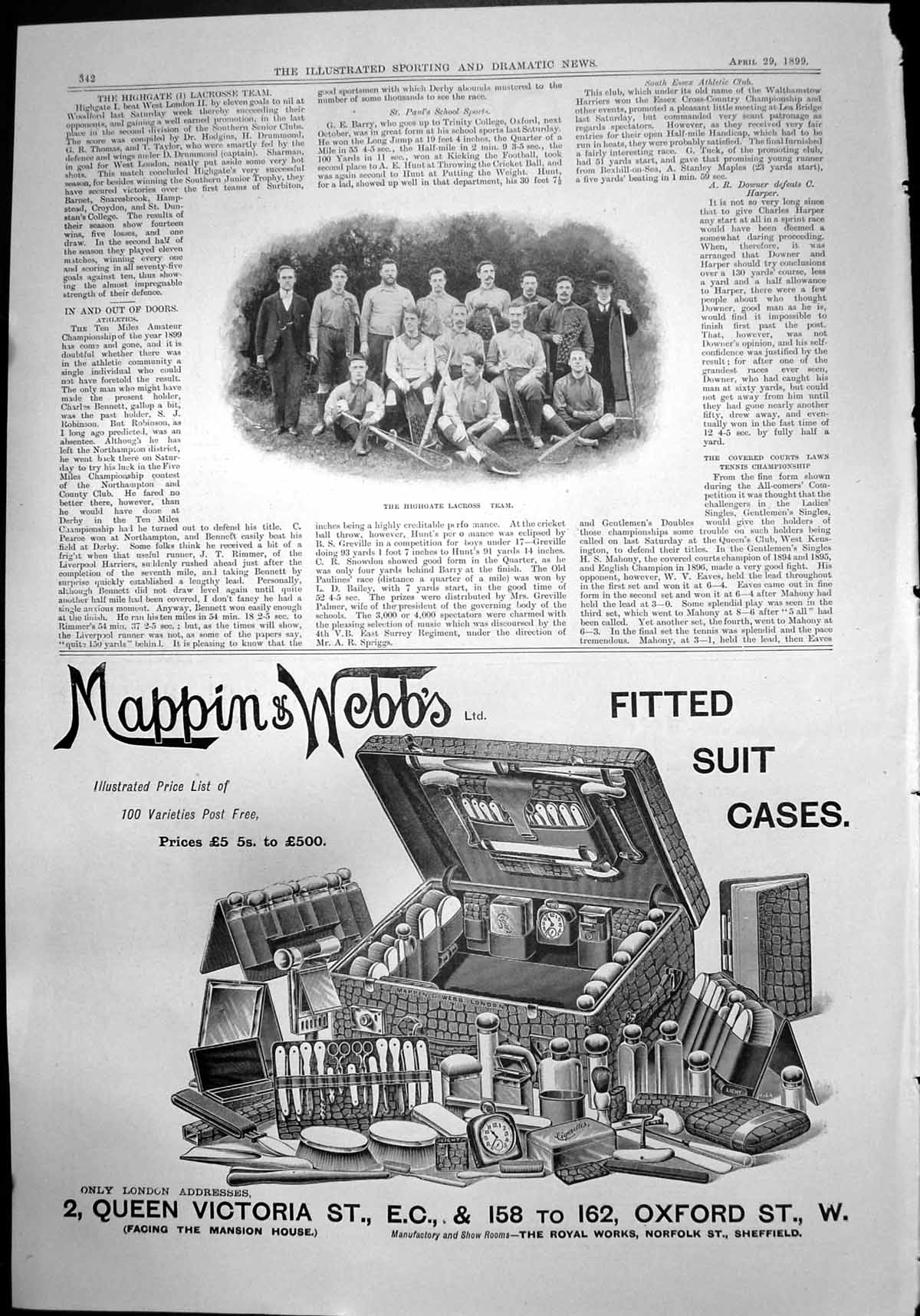 Antique Old Print Highgate Lacross Team Mappin & Webbs Fitted Suit Cases 1899