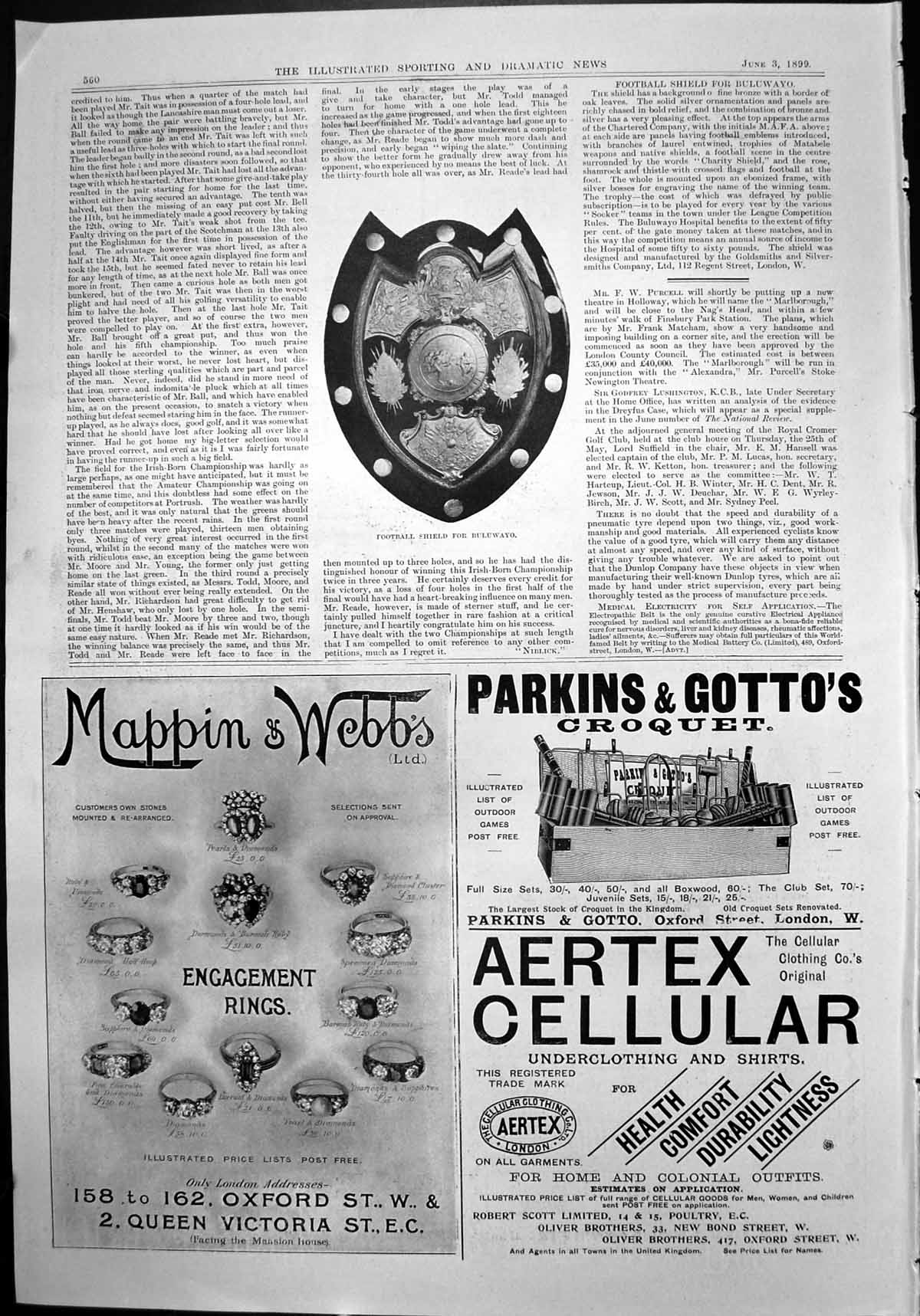 Antique Print Football Shield Buluwayo Mappin & Webbs Engagement Rings 1899