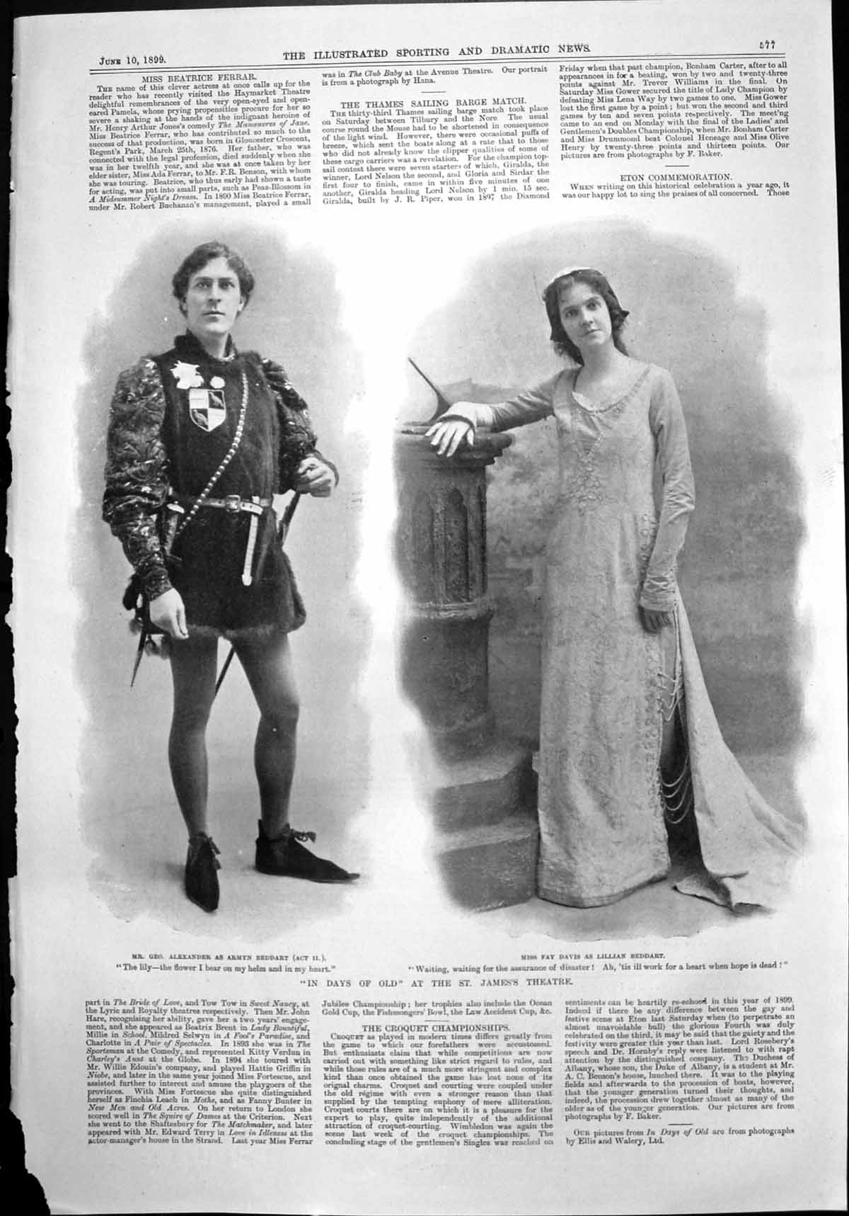 Antique Old Print Days St James Theatre Geo Alexander Beddart Fay Davis 1899