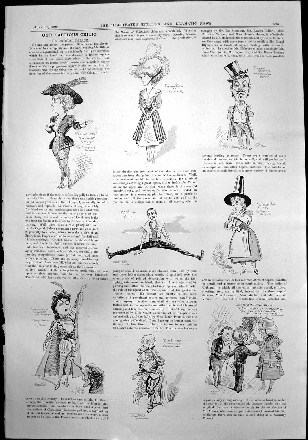 Old Print Captious Critic Crystal Palace William Vores Leo Stormont 1899 19th