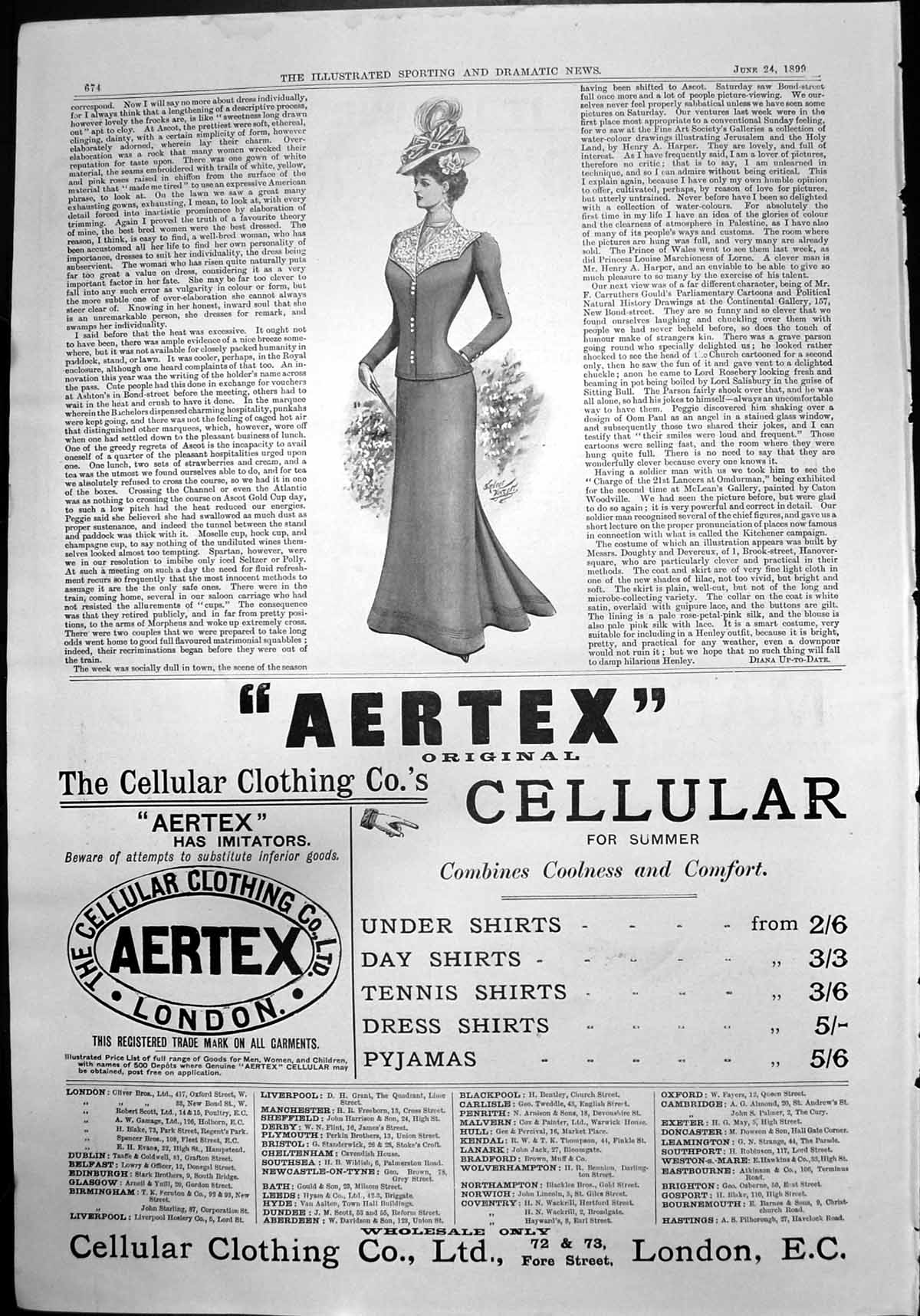 Original Old Antique Print Lady Costume Hat Aertex Cellular Clothing Co 1899