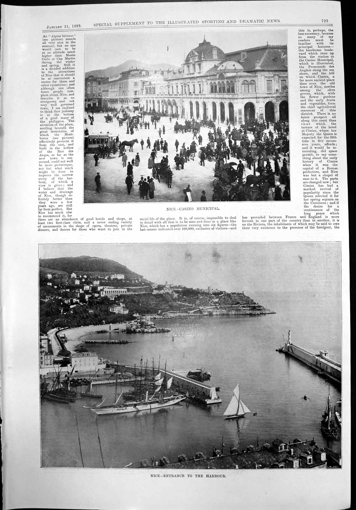 Old Print Nice Casino Municipal Harbour English Promenade Washerwomen1899 19th