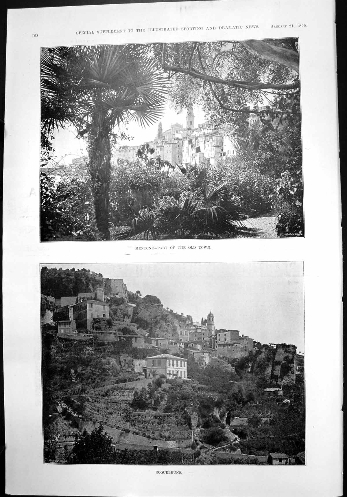 Old Print Mentone Roquebrune La Turbie Tower Augustus Pointe Vieille 1899 19th