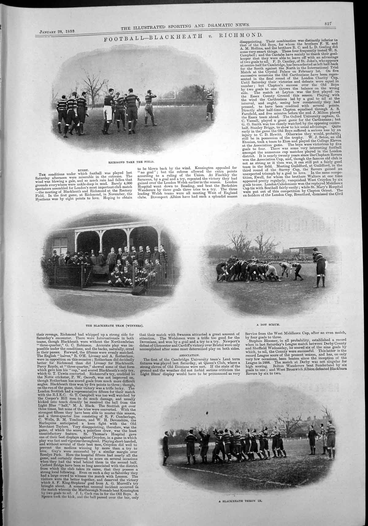 Antique Old Print Football Blackheath Richmond 2Nd Royal Berkshire Team 1899