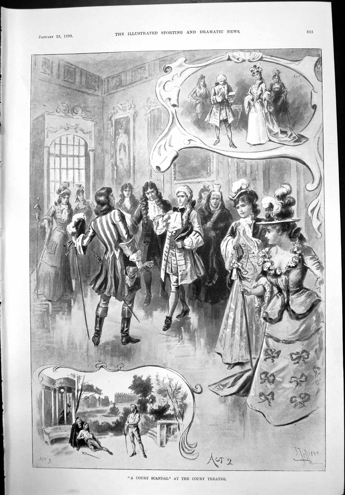 Old Antique Print Court Scandal Court Theatre Ladies Men Sword Fight 1899 19th
